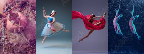 Collage of portraits of female ballet dancers dancing on studio background. Concept of art, theater, beauty and creativity. Theater performance
