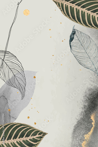 Oriental leaves and gold detailed frame on beige vector