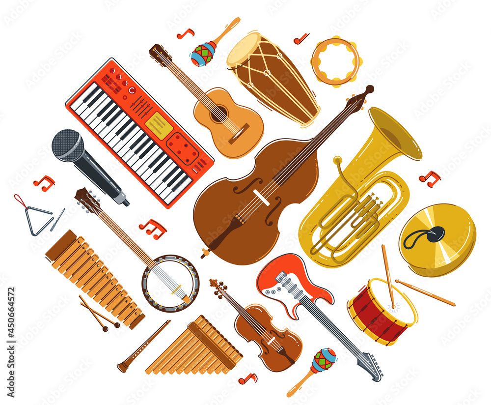 Music orchestra diverse instruments vector flat illustration isolated on white background, live sound concert or festival, musical band or orchestra playing and singing songs.