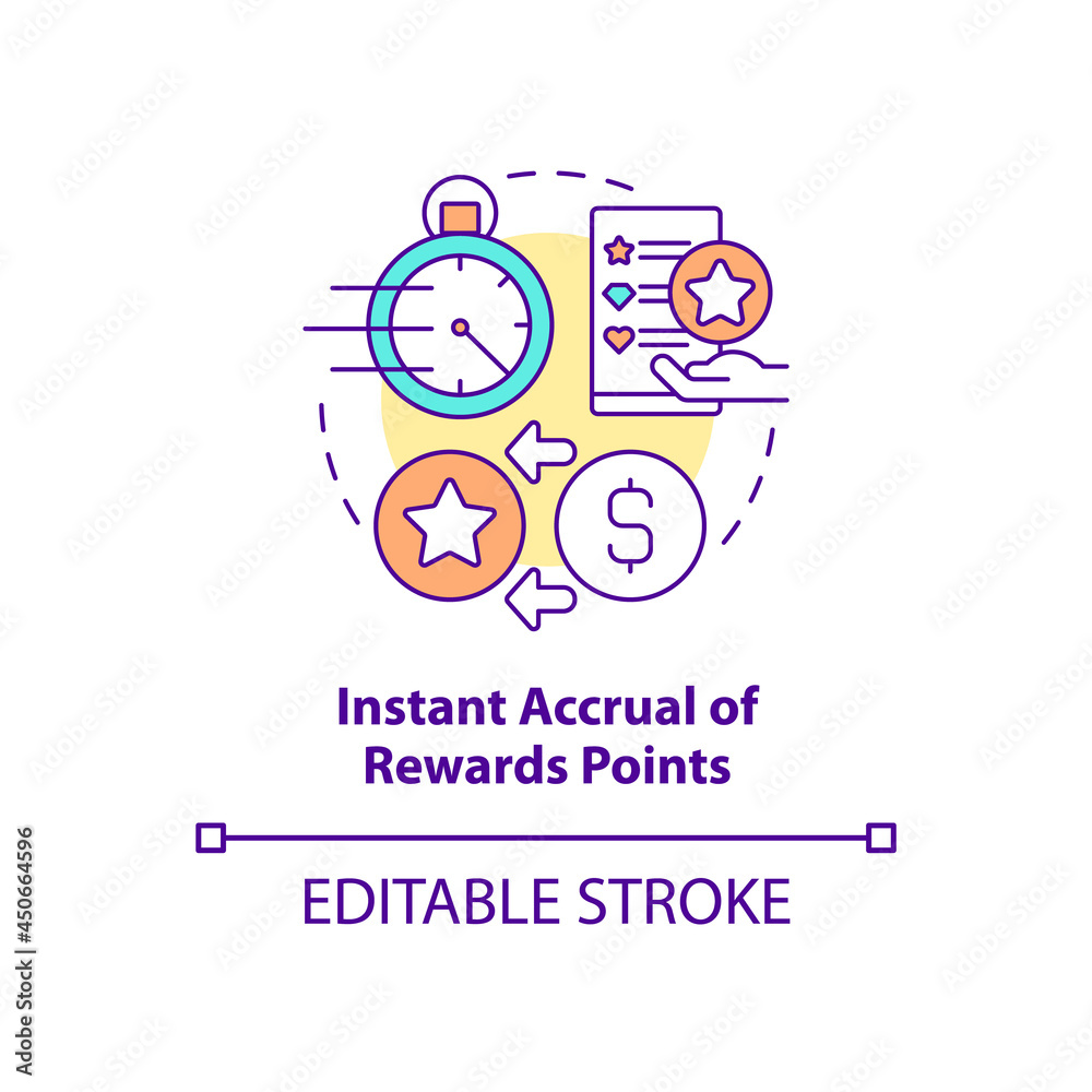 Instant accrual of rewards points concept icon. Meet customers needs abstract idea thin line illustration. Loyalty program points. Vector isolated outline color drawing. Editable stroke Instant accrual of rewards points concept icon. Meet customers needs abstract idea thin line illustration. Loyalty program points. Vector isolated outline color drawing. Editable stroke