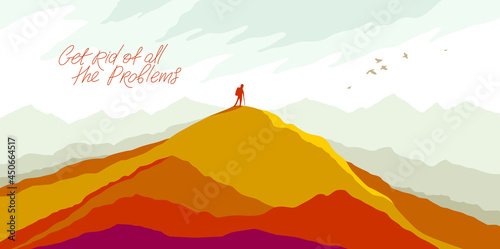 Beautiful scenic nature landscape with traveler pilgrim vector illustration autumn season with grasslands meadows hills and mountains, fall hiking traveling trip to the countryside concept.