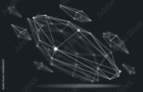 Dimensional lattice mesh vector abstraction, 3D polygonal design abstract shape, tech and science digital style dynamic connections with lines and dots, with realistic depth of field effect.