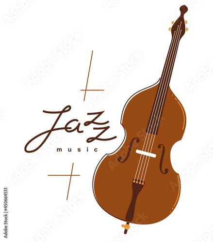 Jazz music emblem or logo vector flat style illustration isolated, contrabass logotype for recording label or studio or musical band.