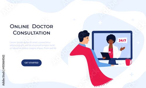 African American woman doctor consults online by video call on laptop. Telemedicine concept. Chat with a medical worker. Web page template
