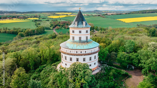 Aerial view of Humprecht Chateau surrounded by beautiful spring landscape,Czech Republic.Baroque castle used to be a hunting lodge.One of the symbols of the region called Czech Paradise.Tourist place photo