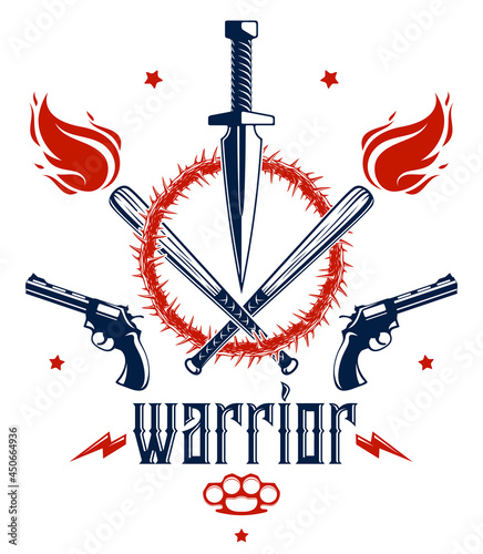 Revolution and War vector emblem with dagger knife and other weapons , tattoo with lots of design elements, riot partisan warrior, criminal and anarchist style, social tension theme.