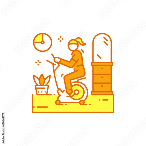 Woman riding stationary bike stay at home color line icon. Home leisure.