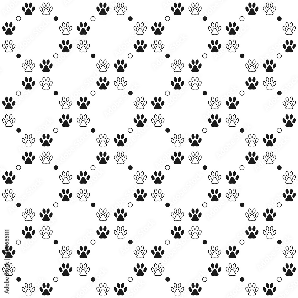 Seamless pattern background with footprints of home pet, square diagonal grid with dots. Black and white. Vector.