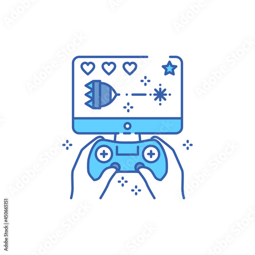 Computer games color line icon. Gamer holding joystick
