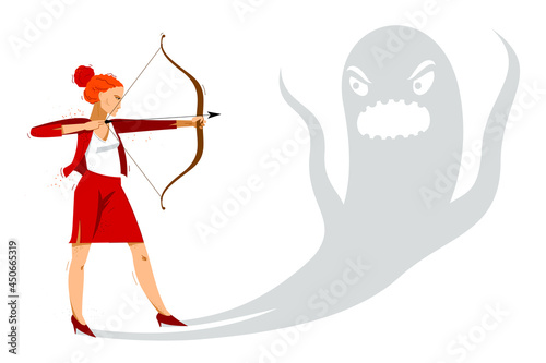 Business woman shooting her own shadow with a bow vector illustration, kill the fear, phobia concept.