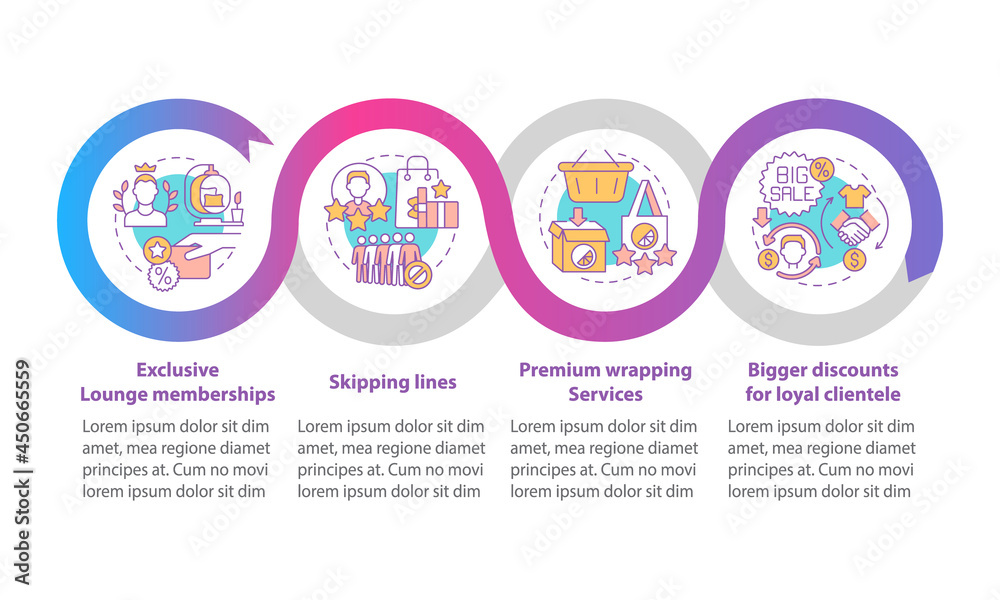 Loyalty program benefits vector infographic template. Advantages presentation outline design elements. Data visualization with 4 steps. Process timeline info chart. Workflow layout with line icons
