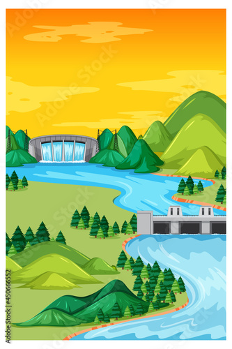 Vertical nature landscape at daytime scene with dam