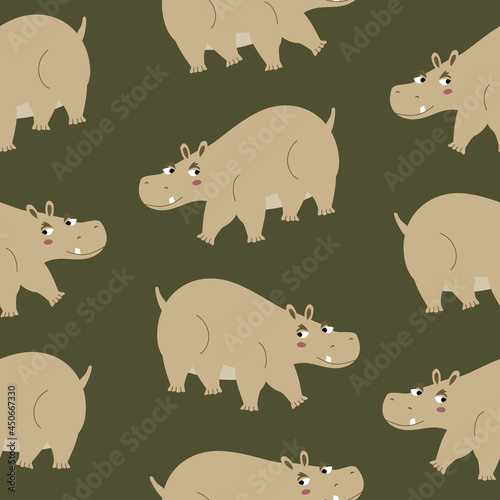 Cute hippo with funny eyes. Safari animals on a green background. Cute character hand drawn vector illustration. African hippopotamus seamless pattern.