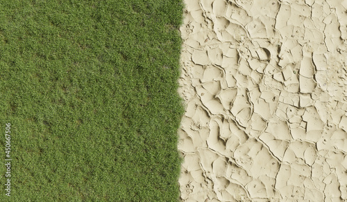 Areal view of landscape with parched earth and lush grassland, drought, climate change