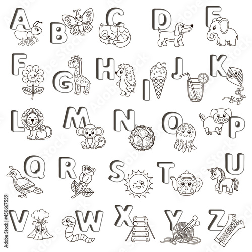 Vector ABC poster. Capital letters of the English alphabet with cute cartoon animals and things. Coloring page for kindergarten and preschool education. Cards for study English
