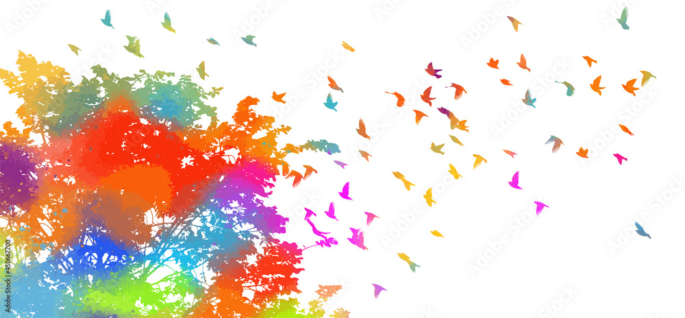 Background with Multicolored deciduous tree. Flying birds. Vector illustration