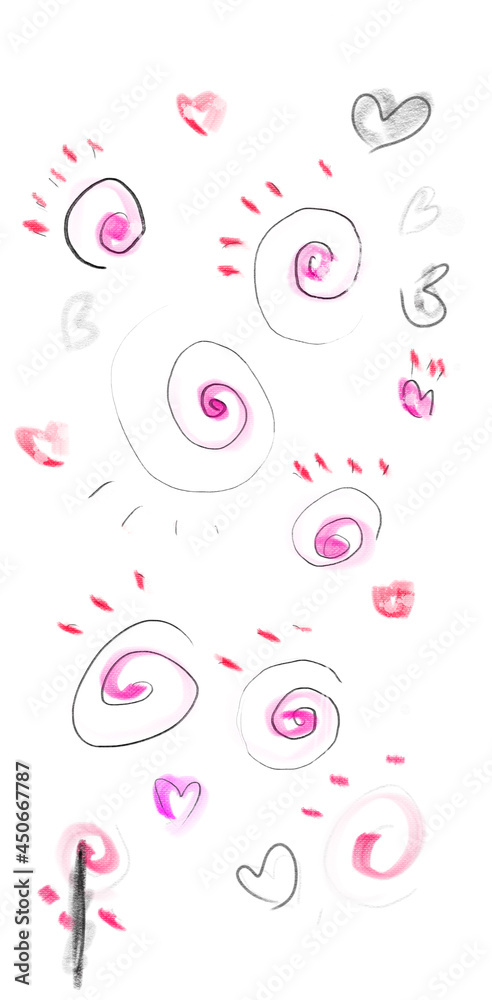 white background Heart shape with pink stripes, alternating circles, fabric pattern concept. white background Heart shape with pink stripes, alternating circles, fabric pattern concept.