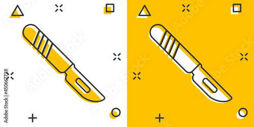 Vector cartoon medical scalpel icon in comic style. Hospital surgery knife sign illustration pictogram. Scalpel business splash effect concept.