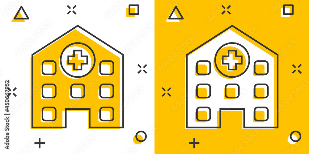 Vector cartoon hospital building icon in comic style. Infirmary medical clinic sign illustration pictogram. Health business splash effect concept. Vector cartoon hospital building icon in comic style. Infirmary medical clinic sign illustration pictogram. Health business splash effect concept.