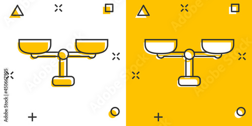 Vector cartoon scale weigher icon in comic style. Weigher sign illustration pictogram. Balance business splash effect concept.