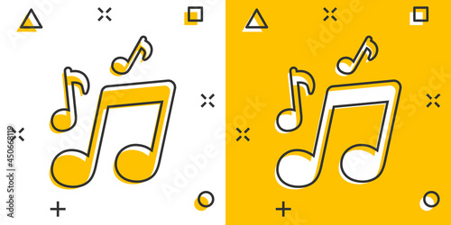 Vector cartoon music icon in comic style. Sound note sign illustration pictogram. Melody music business splash effect concept.