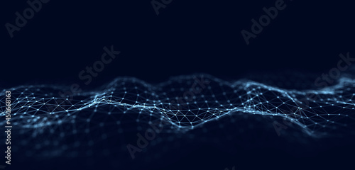 Futuristic digital wave. Dark cyberspace. Abstract wave with dots. Moving particles on a blue background. 3d rendering.
