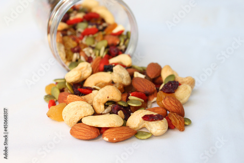 The healthy snack with ailmonds, nuts, dried grapes, pumkin seed and more of dried fruits. Focus in the middle and blurred around