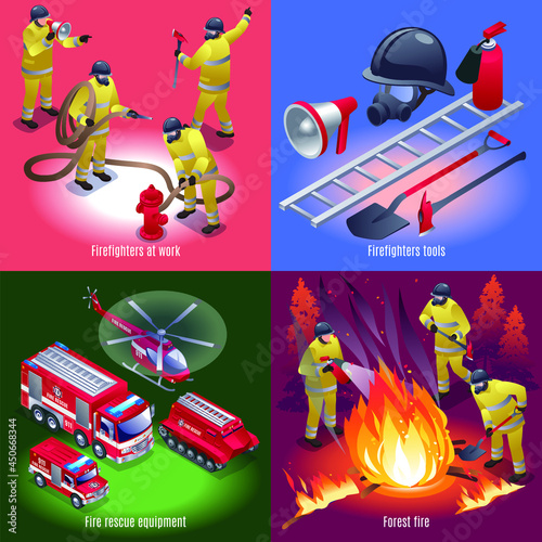 Firefighters, fire rescue equipment and tools 2x2, isometric icons isolated background