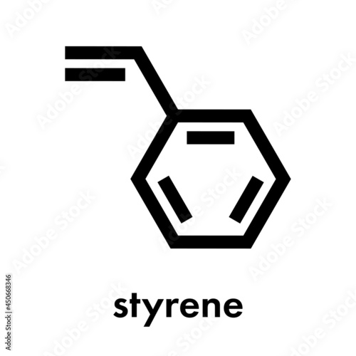 Styrene (ethenylbenzene, vinylbenzene, phenylethene) polystyrene building block molecule. Skeletal formula.