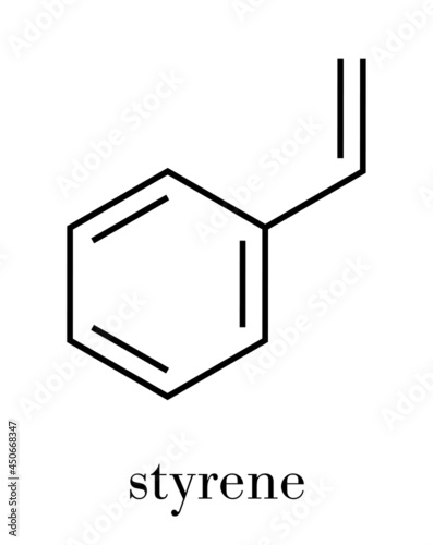 Styrene (ethenylbenzene, vinylbenzene, phenylethene) polystyrene building block molecule. Skeletal formula. photo