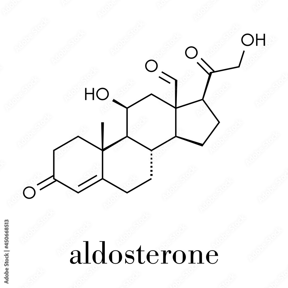 Aldosterone mineralocorticoid hormone, produced by the adrenal gland. Skeletal formula. Aldosterone mineralocorticoid hormone, produced by the adrenal gland. Skeletal formula.