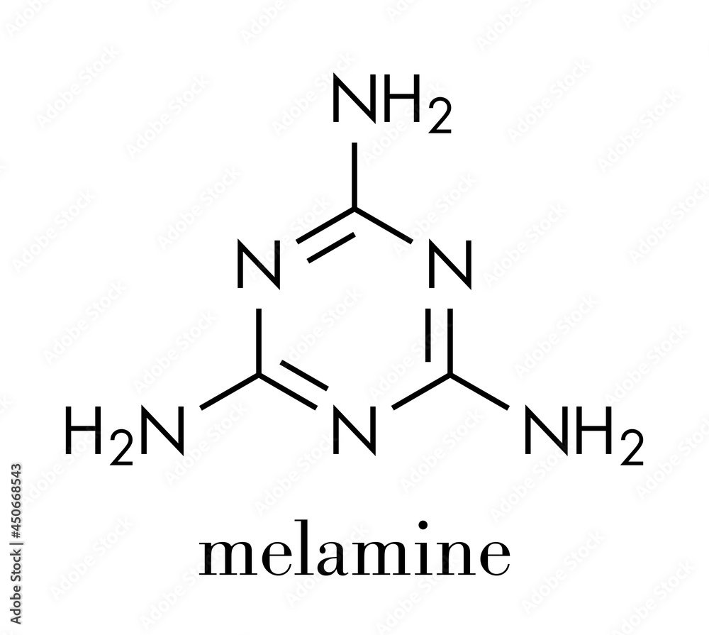 Melamine molecule. Used in protein adulteration, e.g. in milk powder. Skeletal formula.