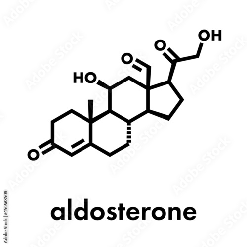 Aldosterone mineralocorticoid hormone, produced by the adrenal gland. Skeletal formula.