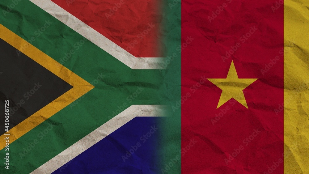 Cameroon and South Africa Flags Together, Crumpled Paper Effect Background 3D Illustration