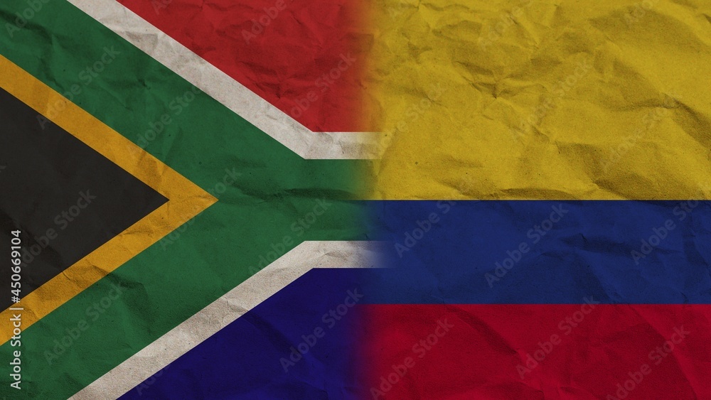 Colombia and South Africa Flags Together, Crumpled Paper Effect Background 3D Illustration