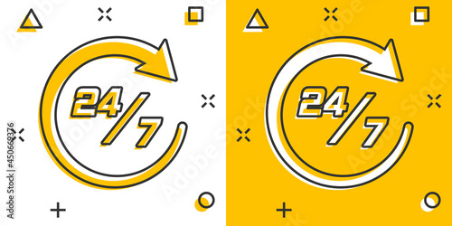 Vector cartoon twenty four hour clock icon in comic style. 24/7 service time concept illustration pictogram. Around the clock business splash effect concept.