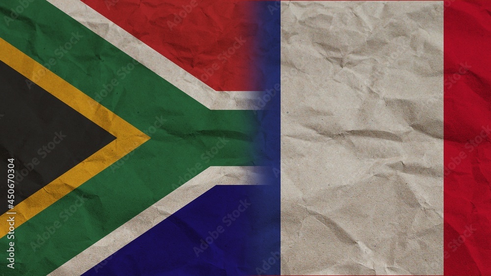 France and South Africa Flags Together, Crumpled Paper Effect Background 3D Illustration