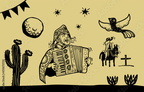 woodcut with elements of northeastern folklore. Colored background photo