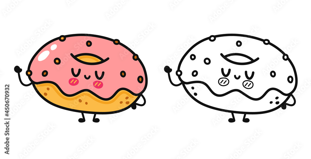 Funny cute happy Donut characters bundle set. Vector hand drawn cartoon kawaii character illustration icon. Isolated on white background. Outline cartoon illustration for coloring book Funny cute happy Donut characters bundle set. Vector hand drawn cartoon kawaii character illustration icon. Isolated on white background. Outline cartoon illustration for coloring book