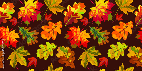 Maple and oak leaves vector seamless pattern. Autumn background.
