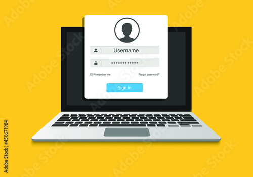 Laptop with login and password form page on screen, registration page. Sign in page, user authorization. Login authentication concept on laptop screen. Notebook and online login form. User profile