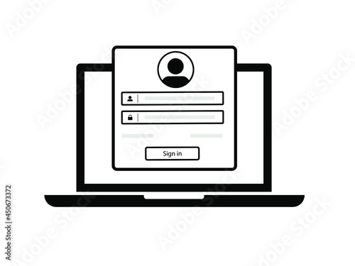 Laptop with login and password form page on screen, user authorization, login authentication page concept