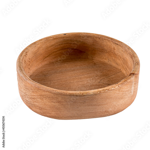 Isolated round brown empty natural wooden bowl on a white background