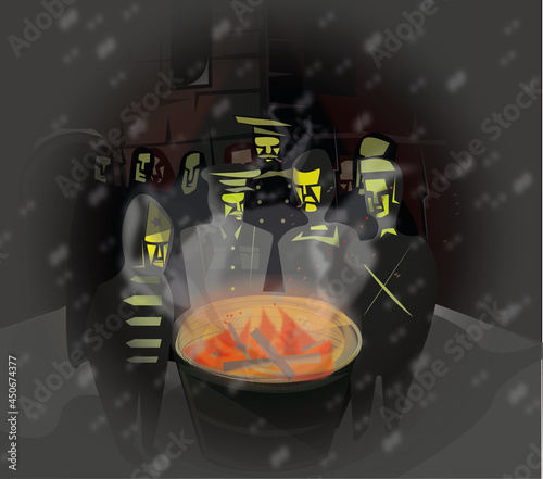 Illustration for the poem "12" by Alexander Blok, the patrol warms up by the fire