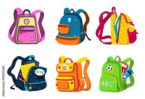 School and preschool backpacks for children, various colors, angles (front, side view), open and closed. Colorful rucksacks with textbooks, notebooks, pencils, bottles. Vector cartoon set