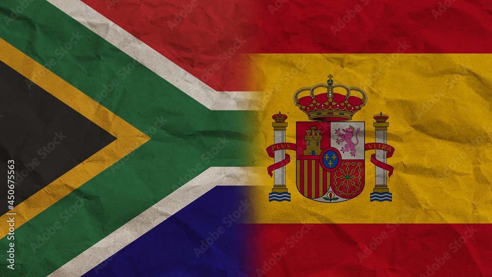 Fototapeta premium Spain and South Africa Flags Together, Crumpled Paper Effect Background 3D Illustration