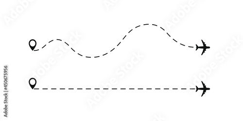 Airplane line path vector icon of air plane flight route with start point and dash line trace.