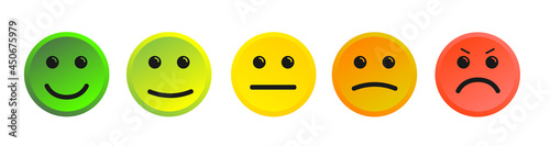 Vector illustration of facial expressions - smiley icon set. Emoticons positive, neutral and negative (red, yellow and green different moods). Rating for customer opinion