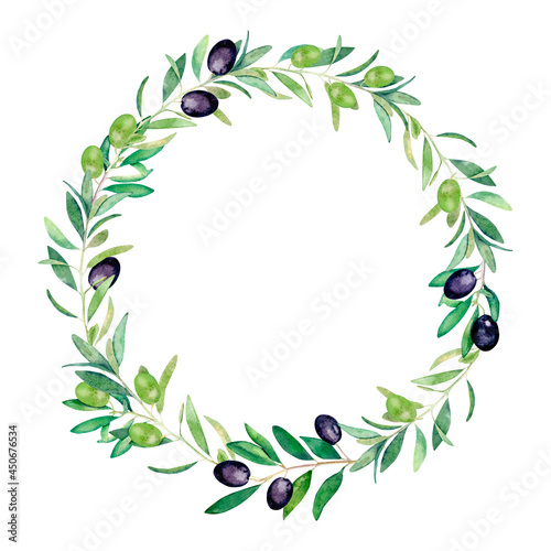 Watercolor hand drawn wreath with olive branches on white background. Isolated botanical round frame with green and dark olives and leaves for wedding, cards, invitations and textile.