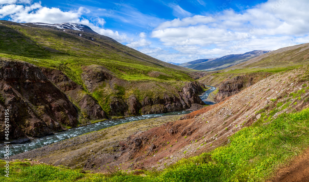 Naklejka premium Summer Iceland view on winding river among rocks shore of green grass.